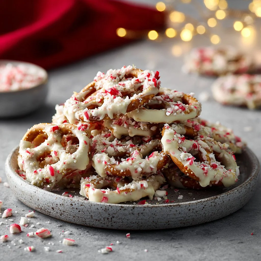 Delicious candy cane pretzels decorated with peppermint for a festive treat