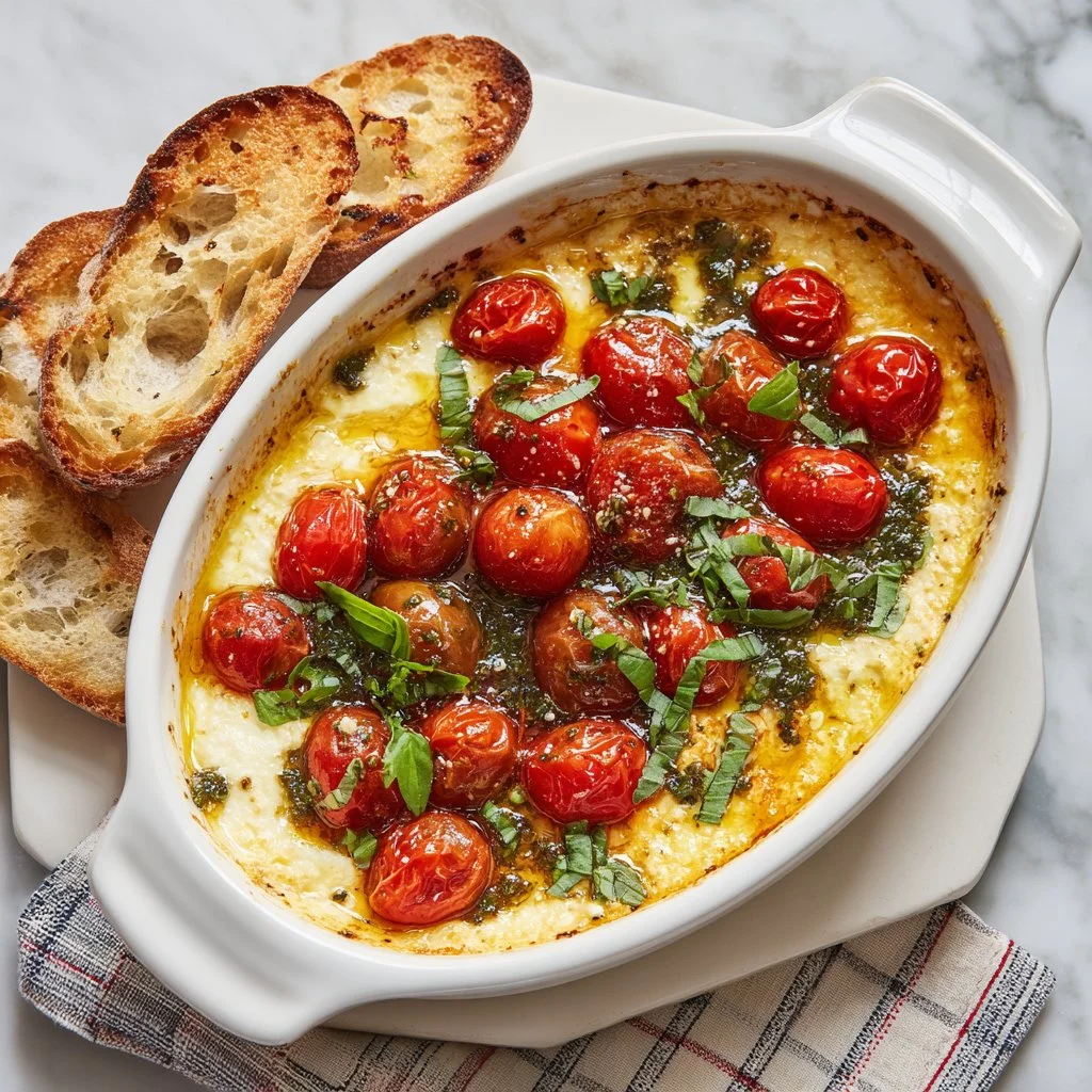 Delicious Caprese Dip with mozzarella, tomatoes, and basil served with chips