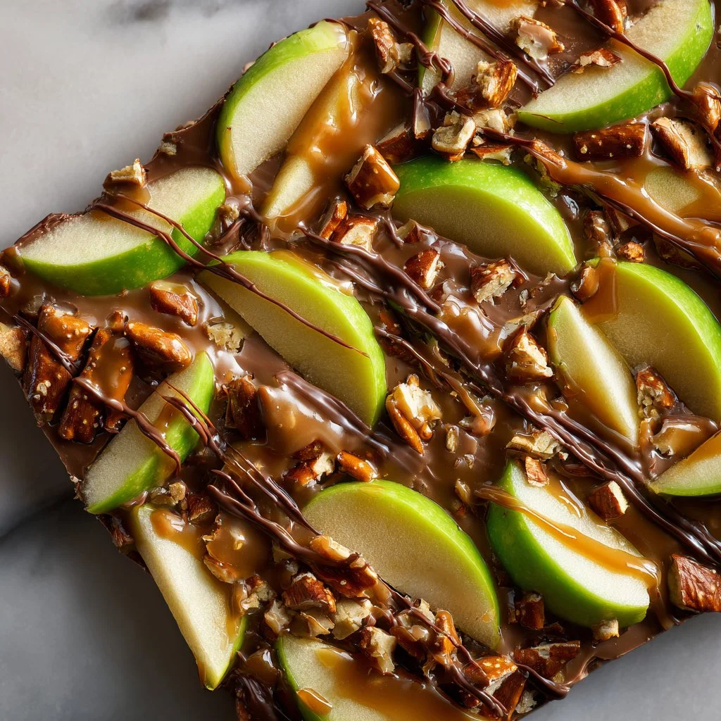 Delicious Caramel Apple Bark with chocolate and apple pieces
