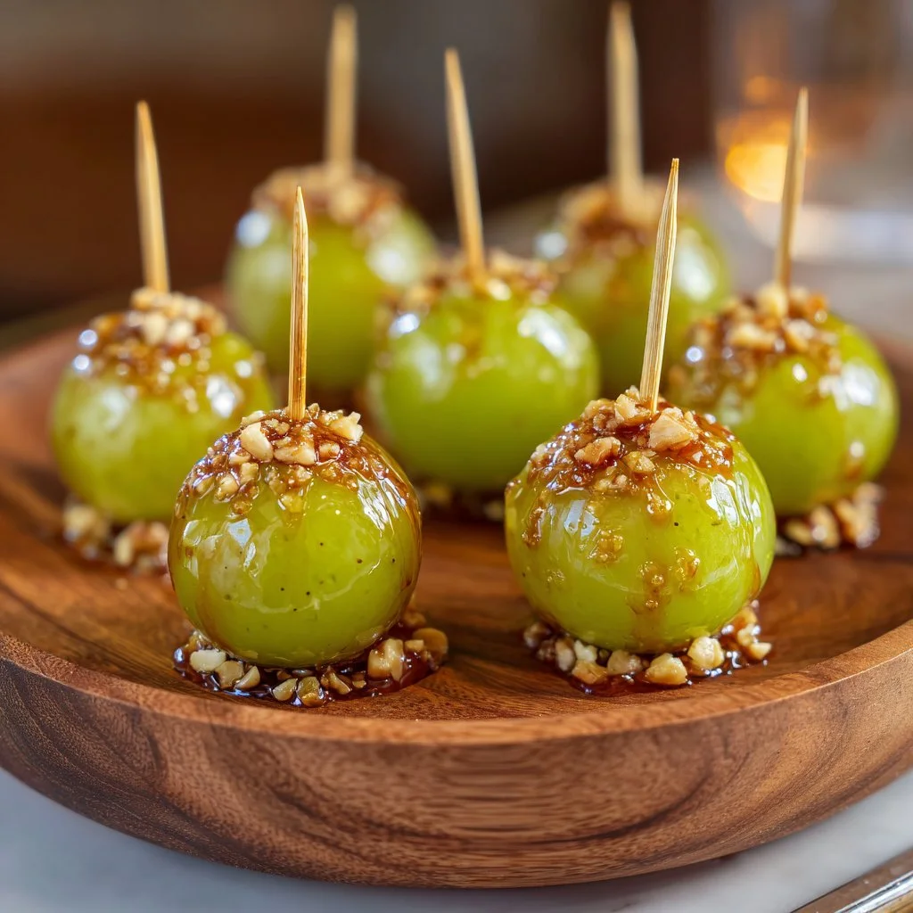 Delicious caramel apple grapes drizzled with caramel syrup