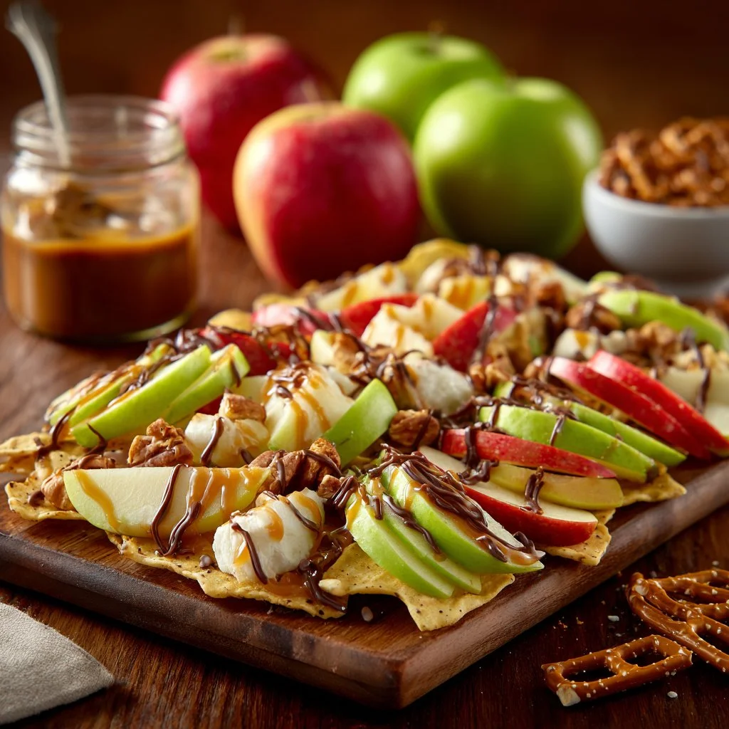 Delicious caramel apple nachos drizzled with caramel and topped with nuts.