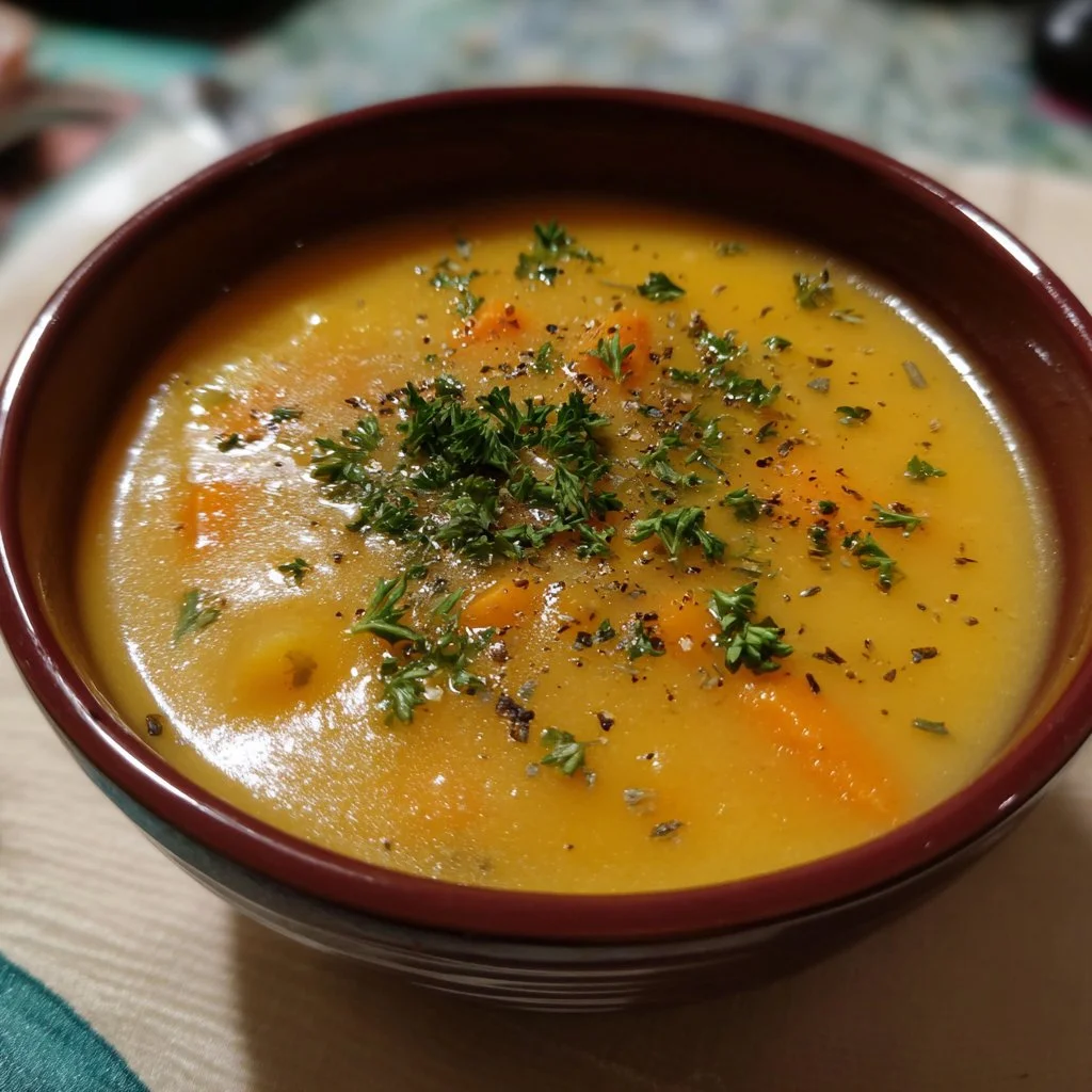 Bowl of creamy Carrot Potato Soup garnished with fresh herbs