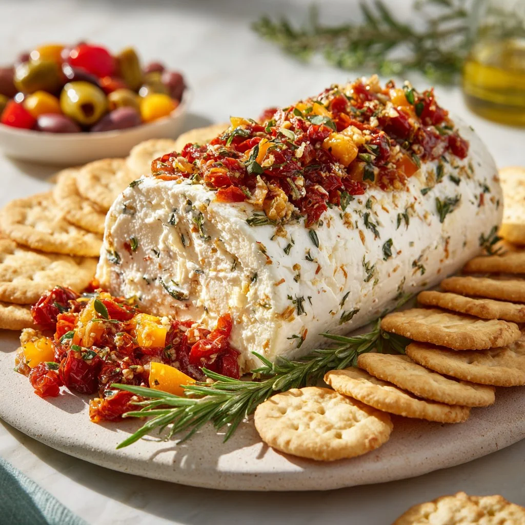 Delicious cheese log served on a platter with crackers and garnishes.