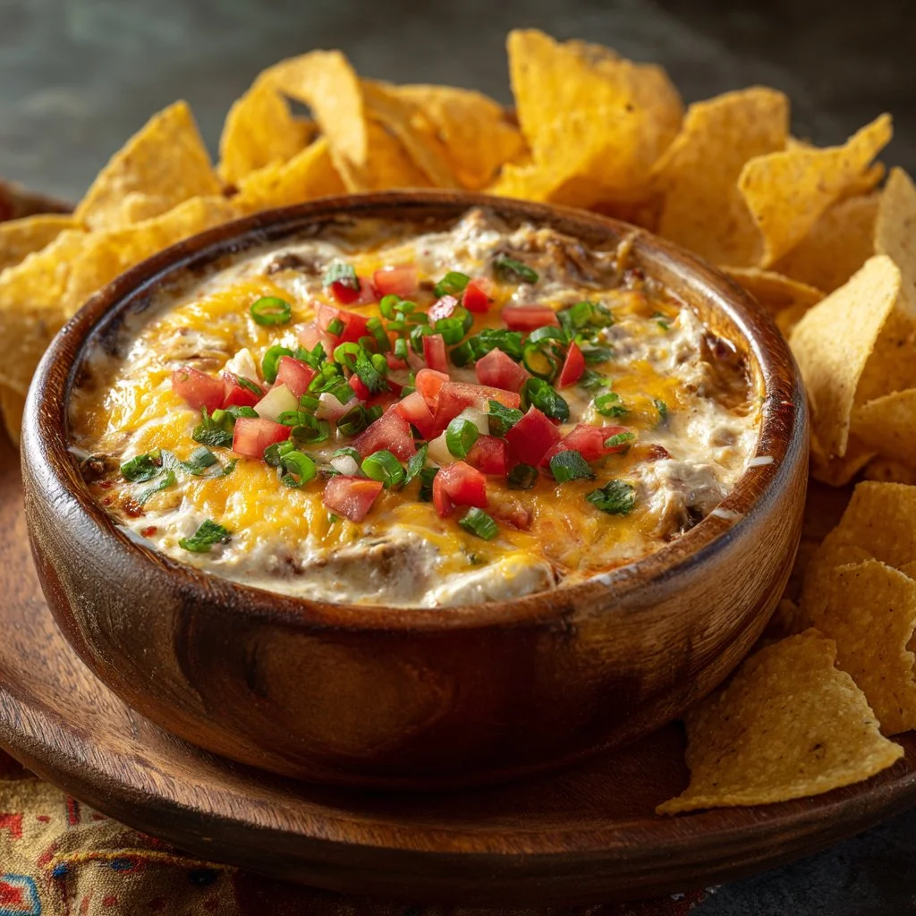 Bowl of cheesy bean dip with tortilla chips for dipping