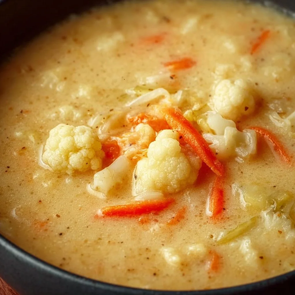 Bowl of creamy cheesy cauliflower soup garnished with herbs
