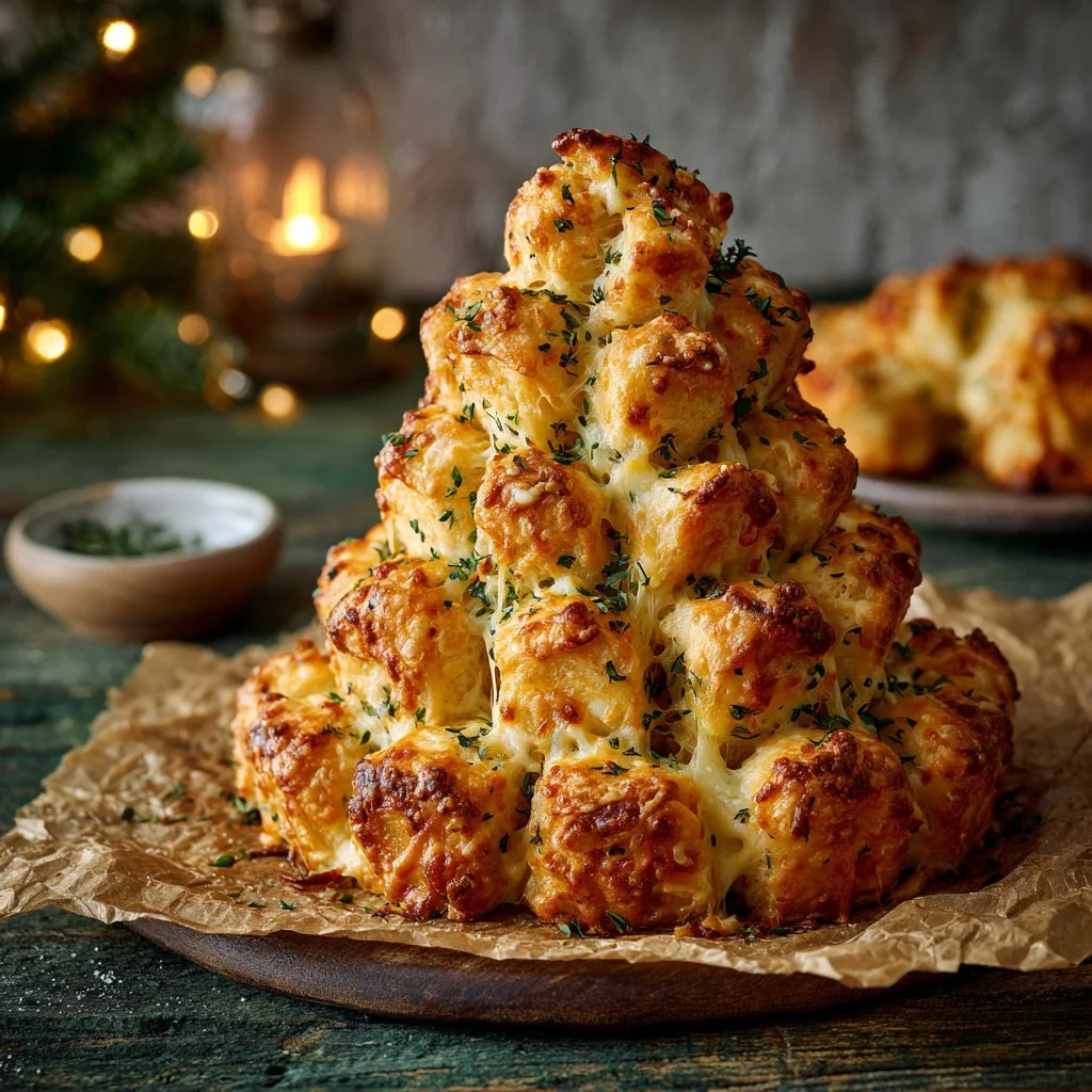 Cheesy Pull-Apart Christmas Tree Bread shaped like a festive tree