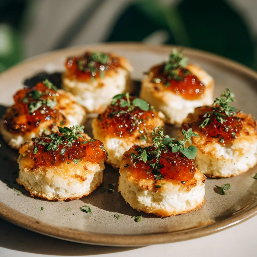 Cheesy thumbprint appetizers with hot pepper jelly on a serving platter.