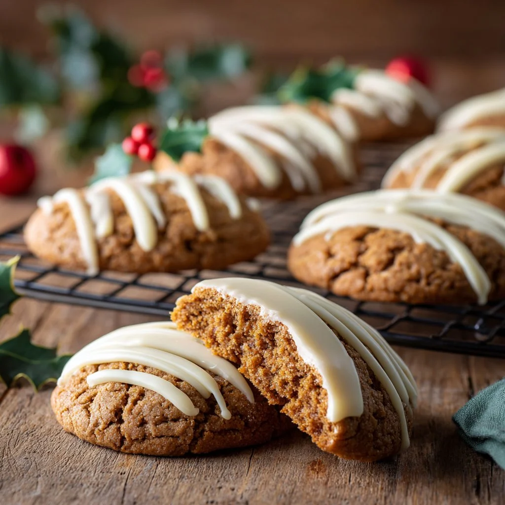 Chewy maple cinnamon cookies with white chocolate chunks on a plate.