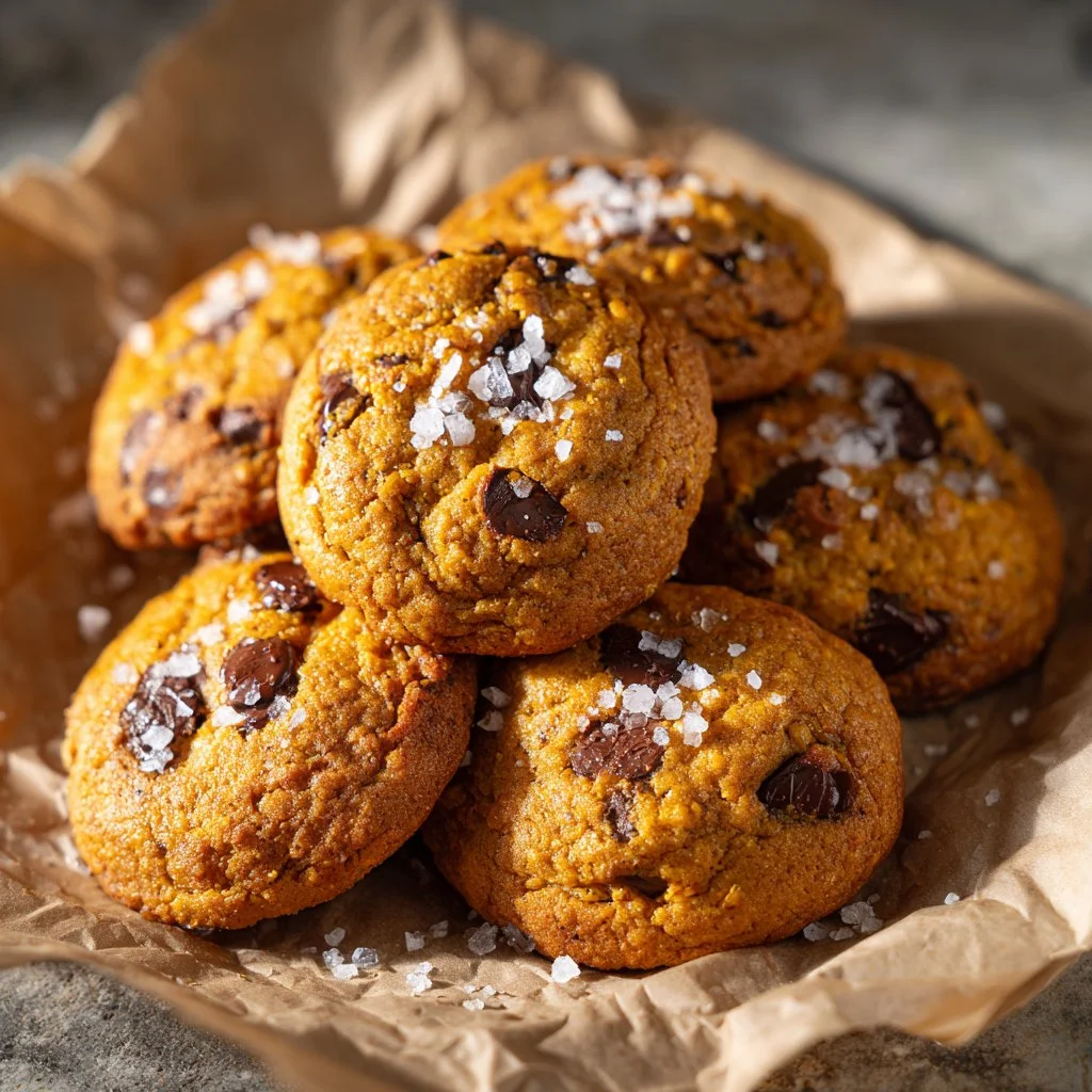 Delicious chewy pumpkin chocolate chip cookies on a baking sheet