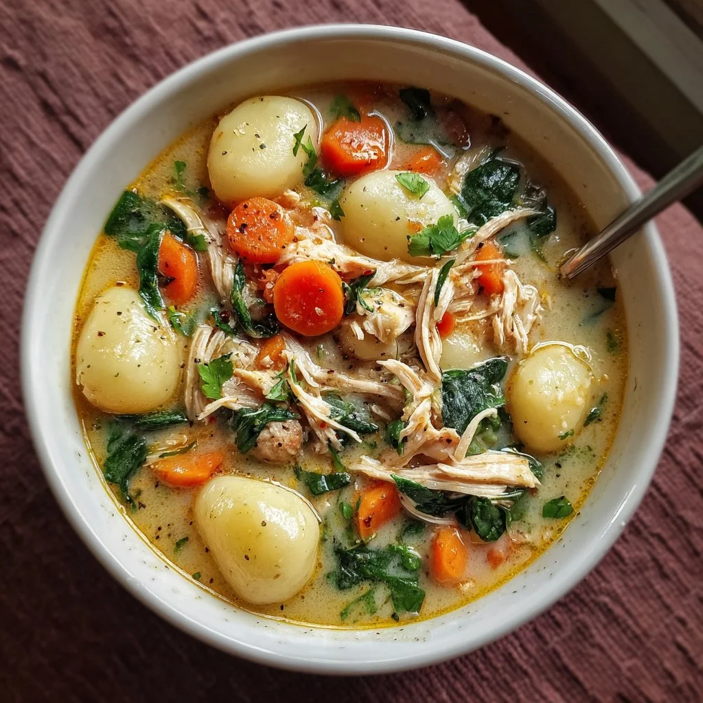 Bowl of creamy Chicken Gnocchi Soup with vegetables and herbs
