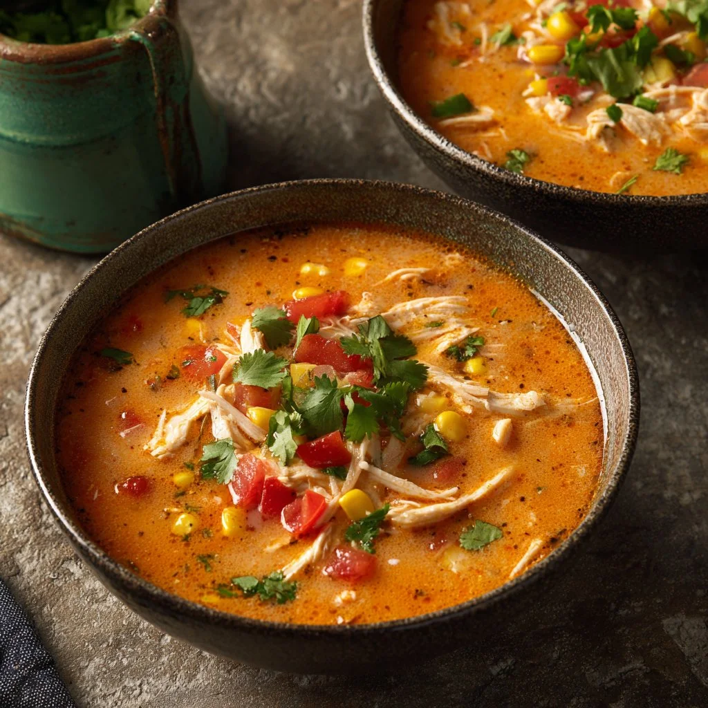 Delicious Chicken Enchilada Soup served in a bowl with toppings