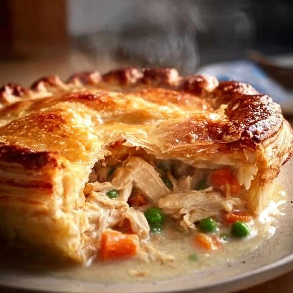 Delicious homemade chicken pot pie with flaky crust and savory filling.