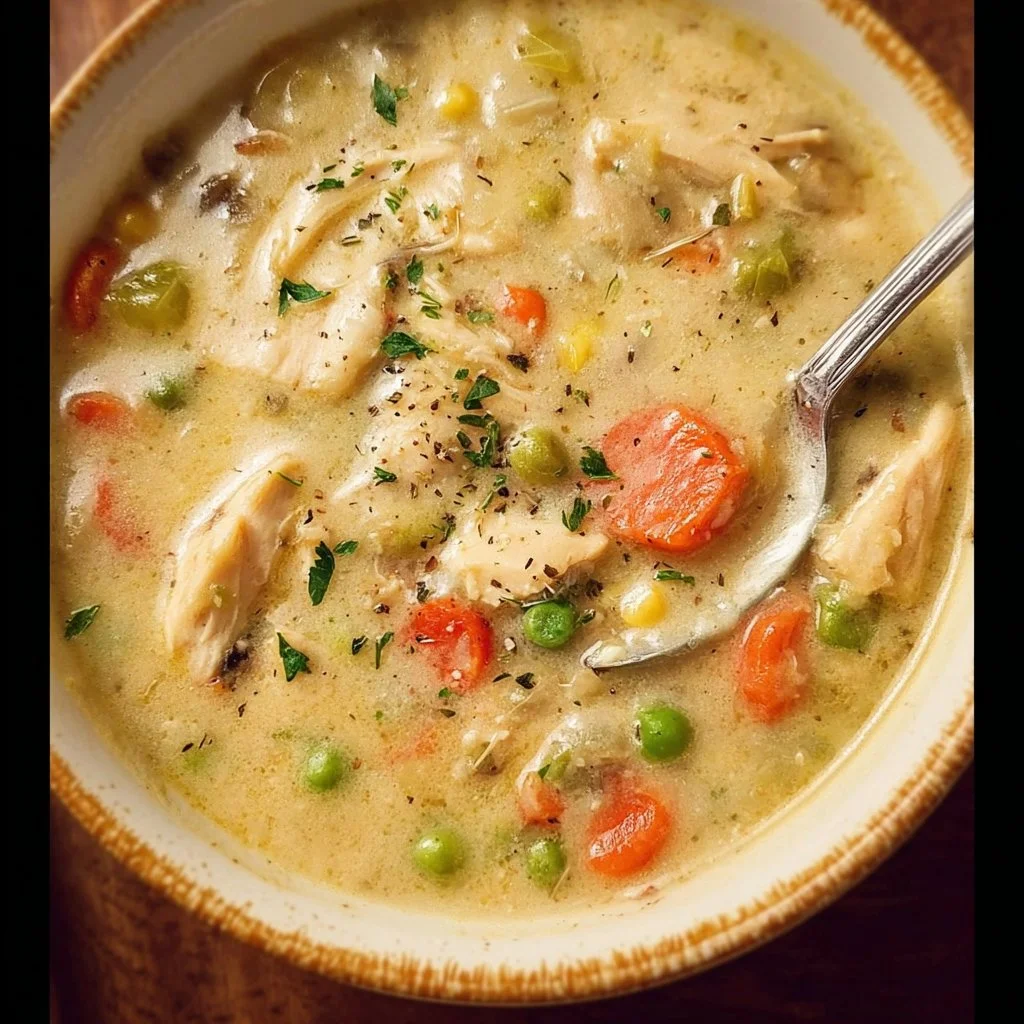 A warm bowl of Chicken Pot Pie Soup with chicken and vegetables