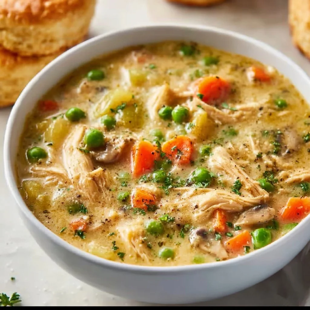 Delicious Chicken Pot Pie Soup garnished with herbs in a rustic bowl.