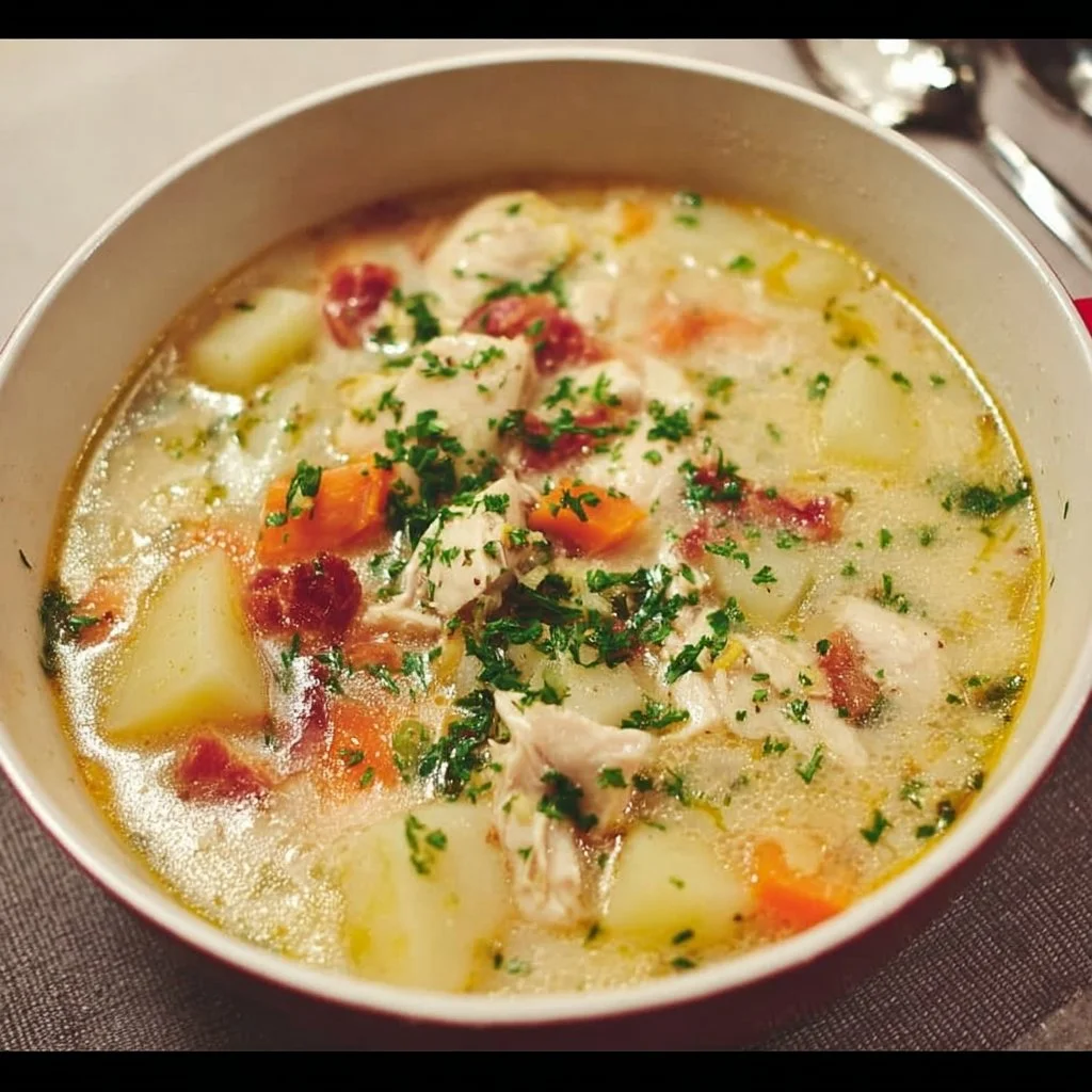 Bowl of creamy Chicken Potato Soup garnished with herbs