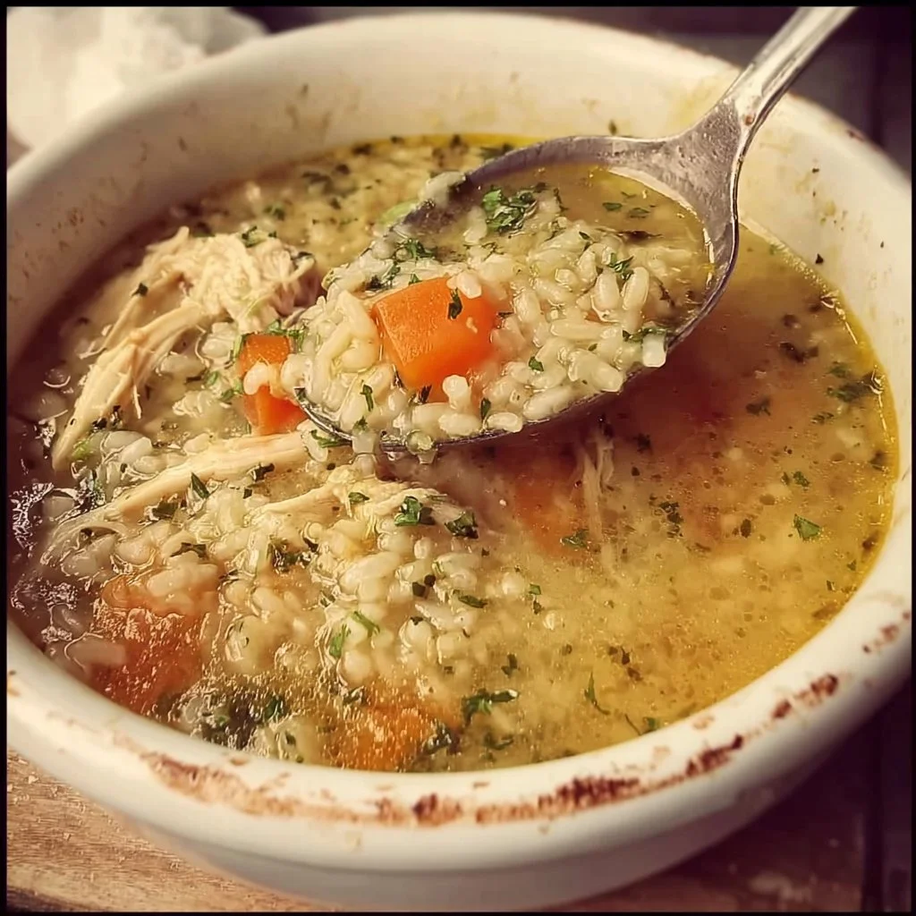 Bowl of Chicken Rice Soup with fresh herbs and vegetables