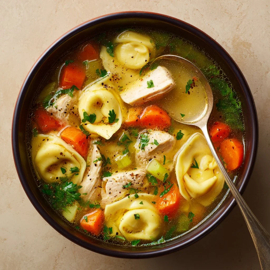 Bowl of homemade Chicken Tortellini Soup garnished with herbs