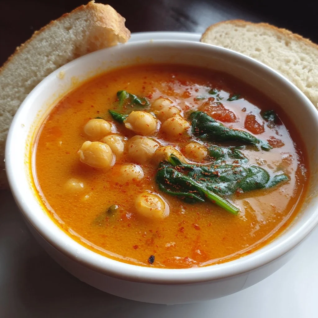 Bowl of chickpea tomato soup garnished with herbs and spices.