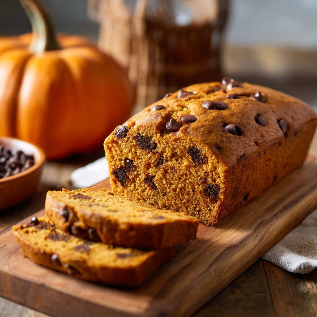 Deliciously moist Chocolate Chip Pumpkin Bread with chocolate chunks