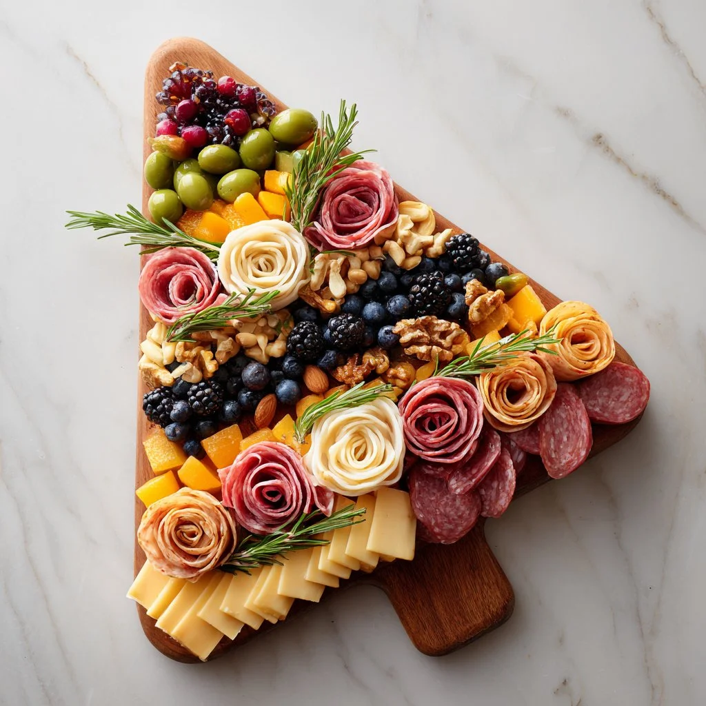 A beautifully arranged Christmas charcuterie board with meats, cheeses, and festive decorations.