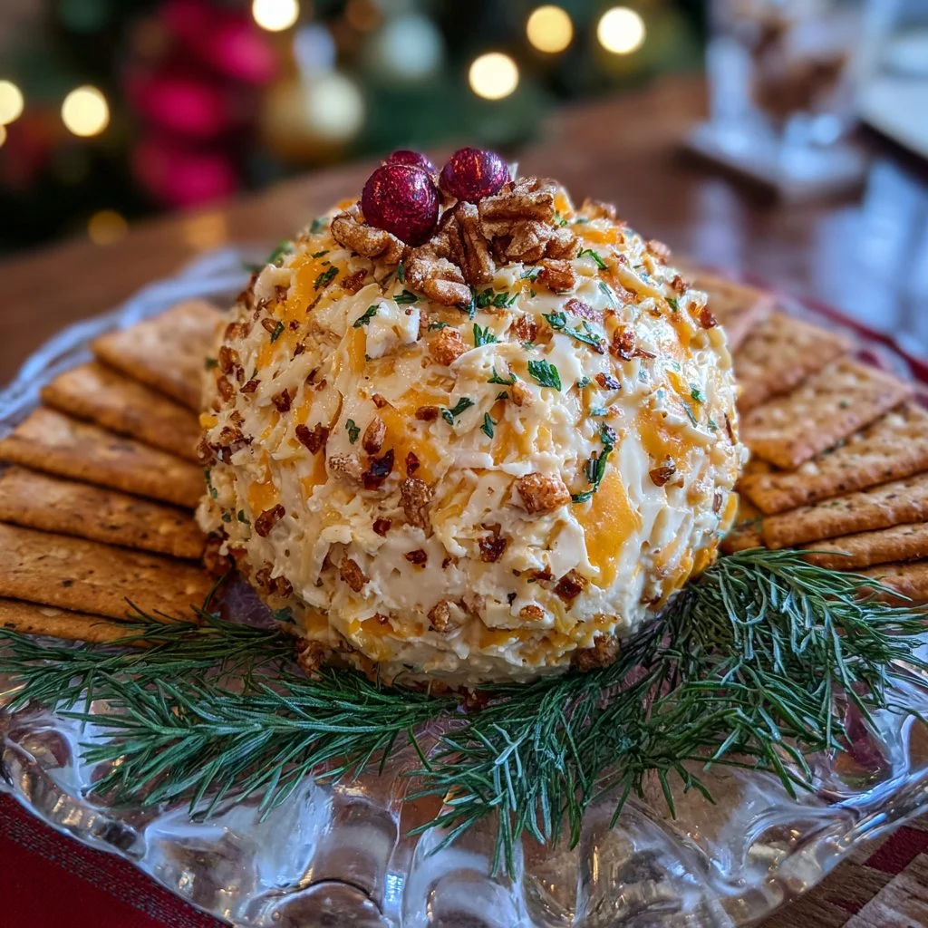 Delicious Christmas cheese ball decorated with festive toppings on a serving platter