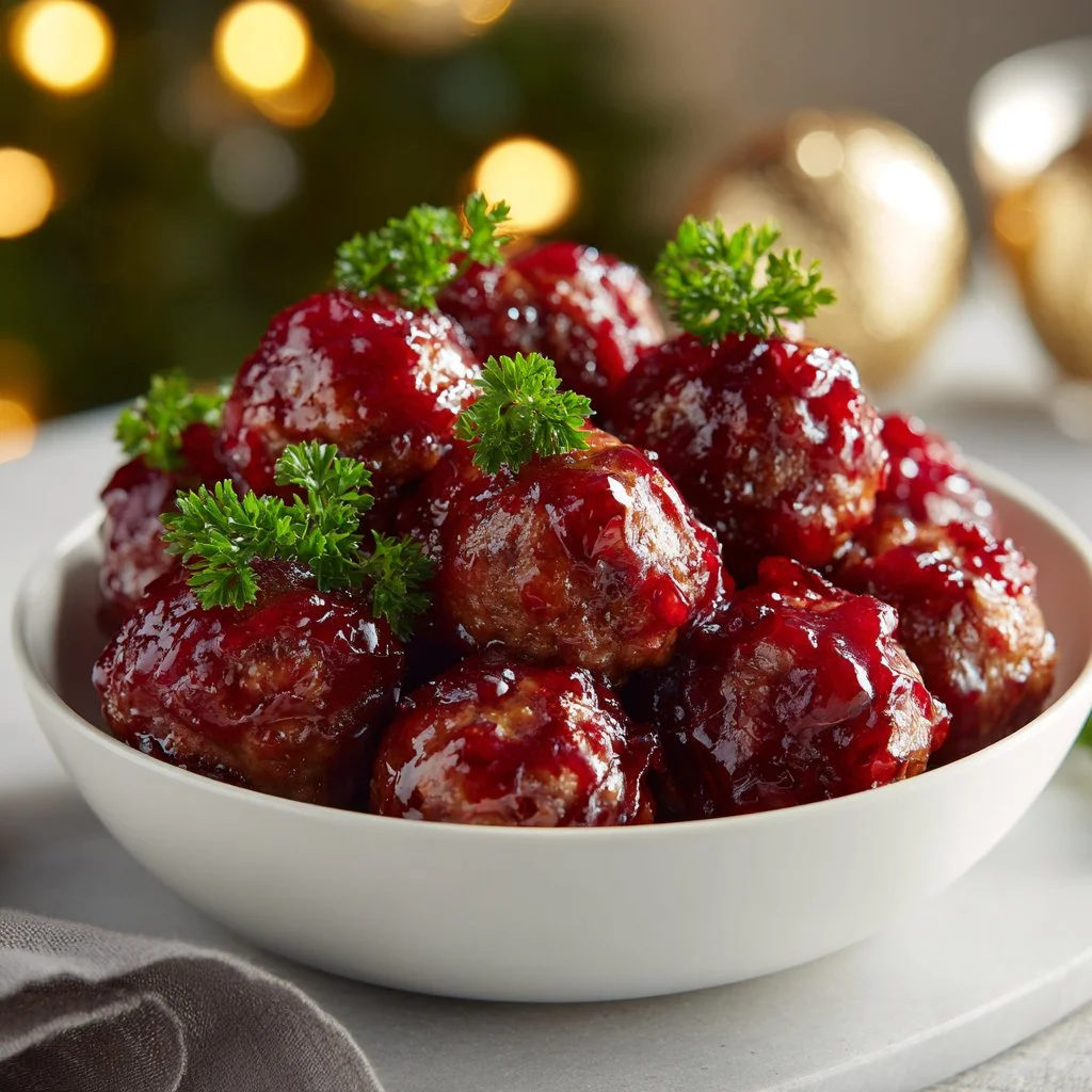 A plate of Christmas cranberry meatballs garnished with herbs.