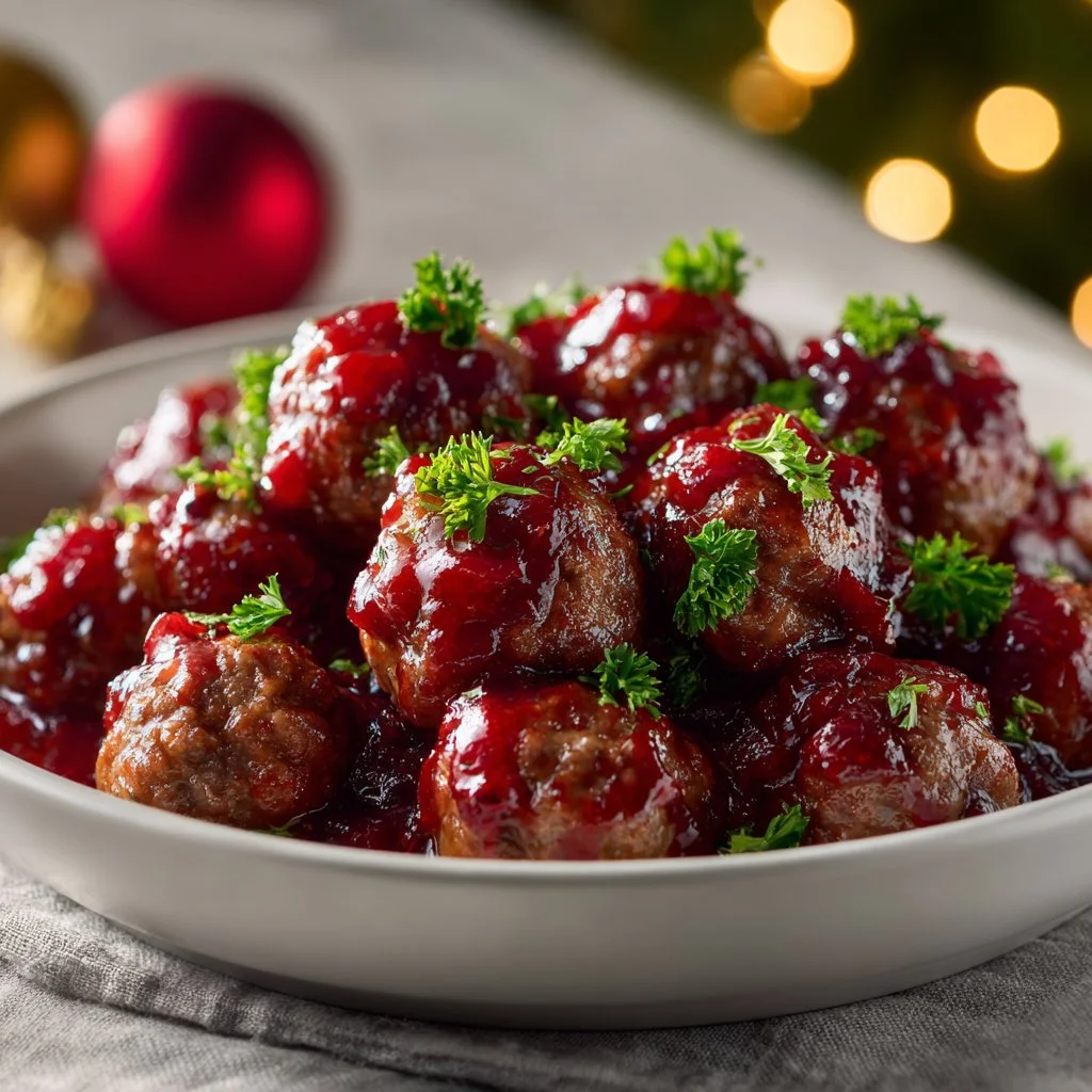 Delicious Christmas Cranberry Meatballs served on a festive platter