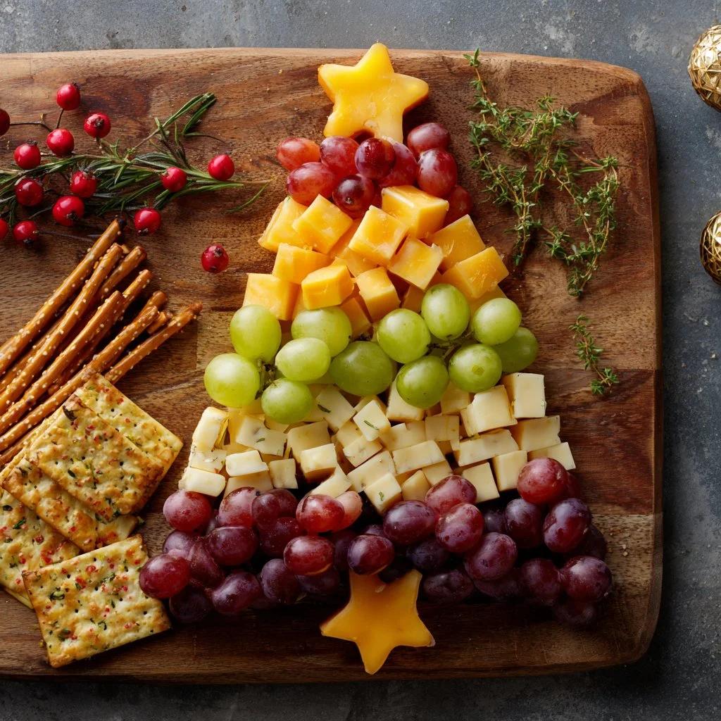 Christmas Tree shaped charcuterie board with assorted cheeses and meats