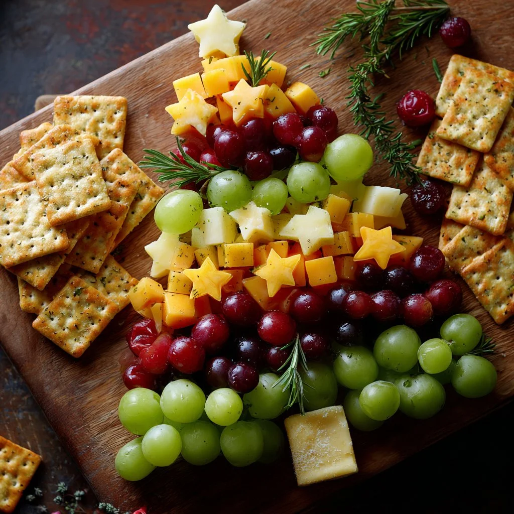 Christmas tree shaped charcuterie board with festive meats and cheeses
