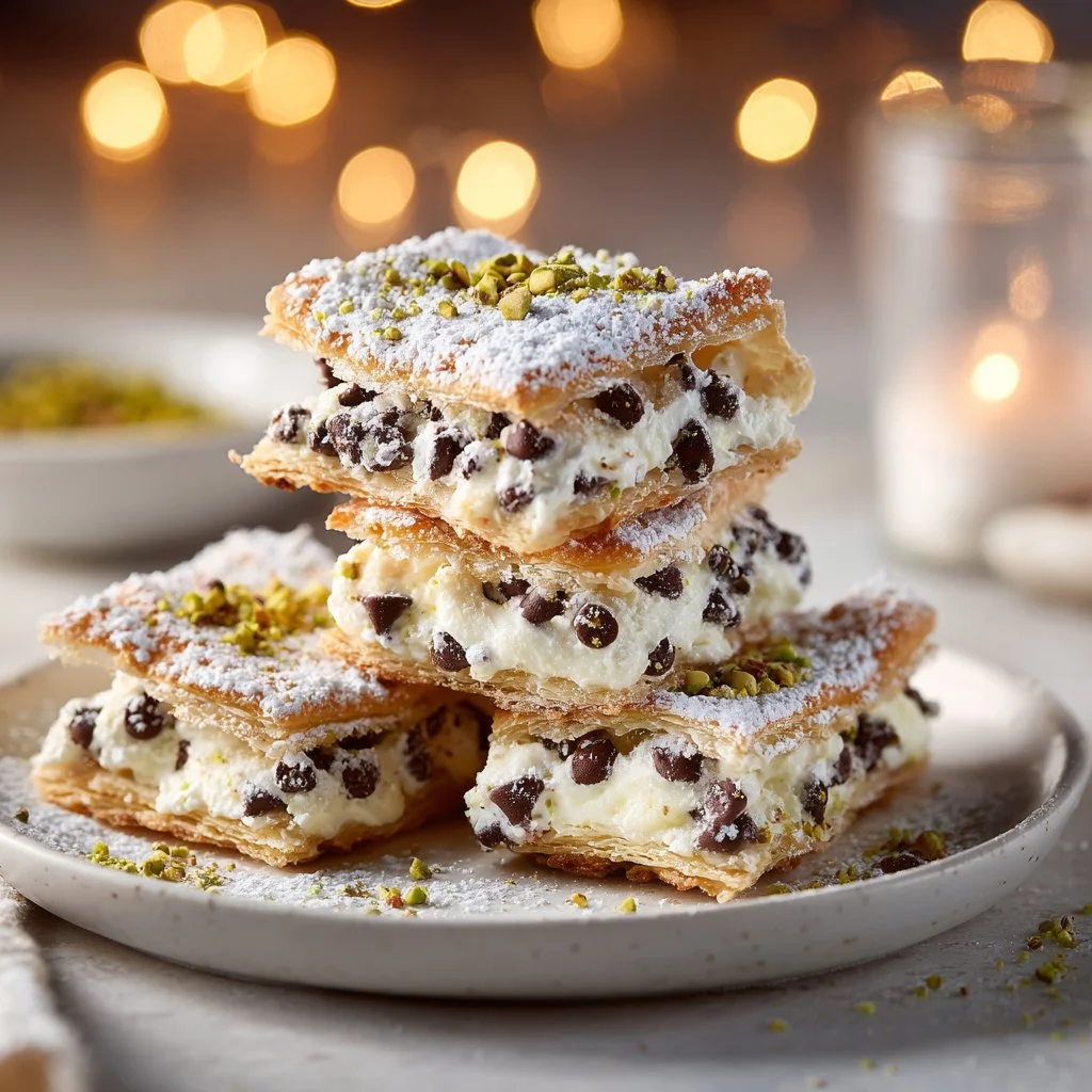 Delicious classic cannoli squares displayed on a plate with dusting of powdered sugar.