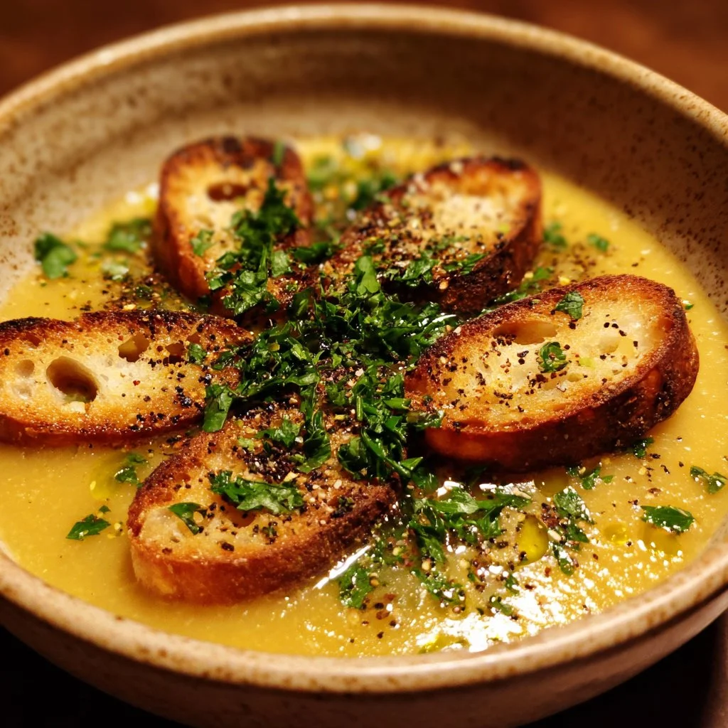 Bowl of classic French garlic soup garnished with fresh herbs
