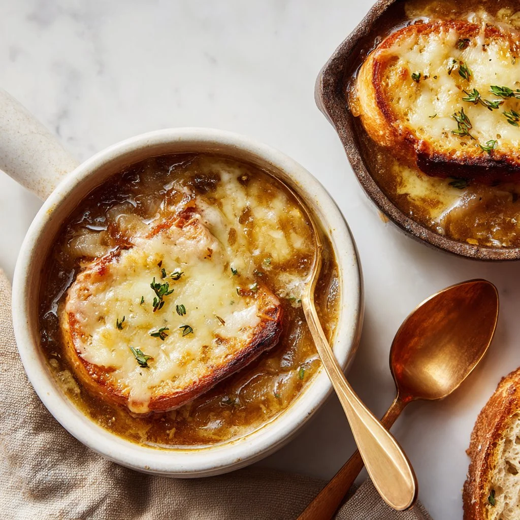 Bowl of classic French onion soup with melted cheese and crispy baguette