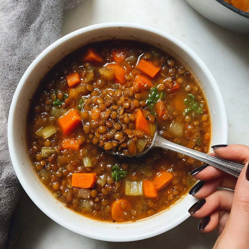 Bowl of classic lentil soup garnished with herbs and spices