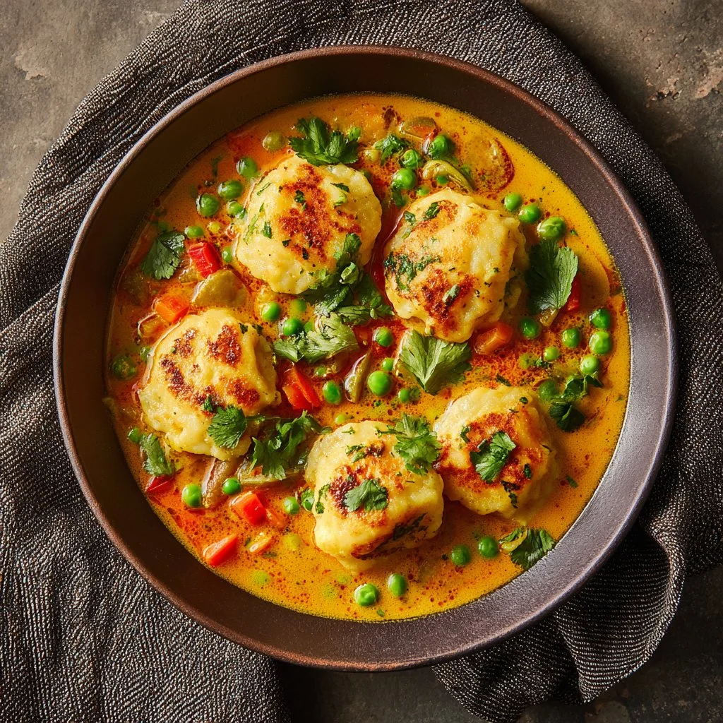 Delicious Coconut Curry Soup with fluffy dumplings served in a bowl