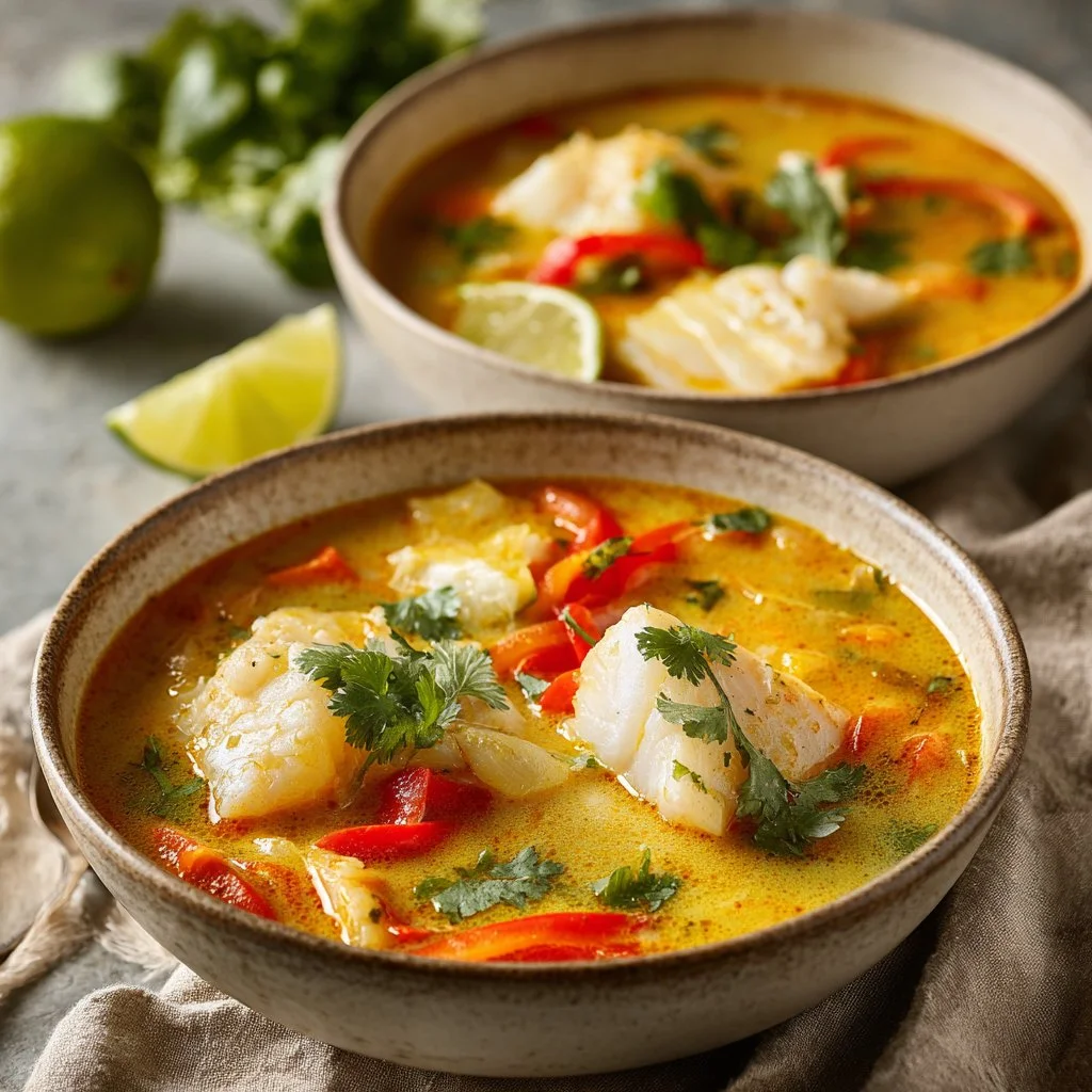 Delicious bowl of Coconut Lime Fish Soup with lime and coconut garnish