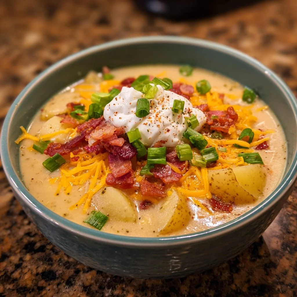 Bowl of comforting loaded baked potato soup topped with cheese and green onions.