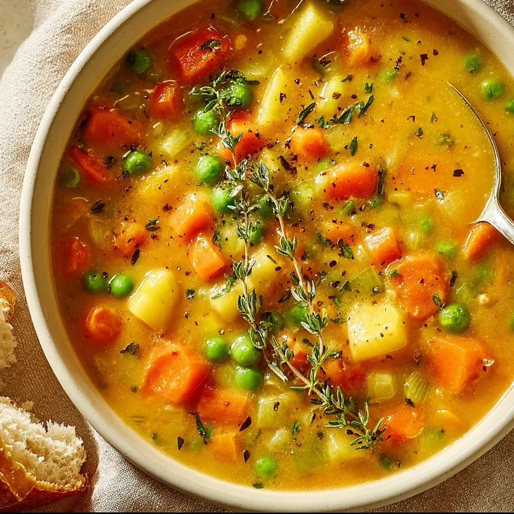 Bowl of comforting one-pot creamy vegetable soup with fresh vegetables