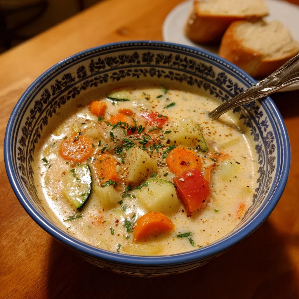 Bowl of creamy vegetable soup filled with fresh vegetables and herbs