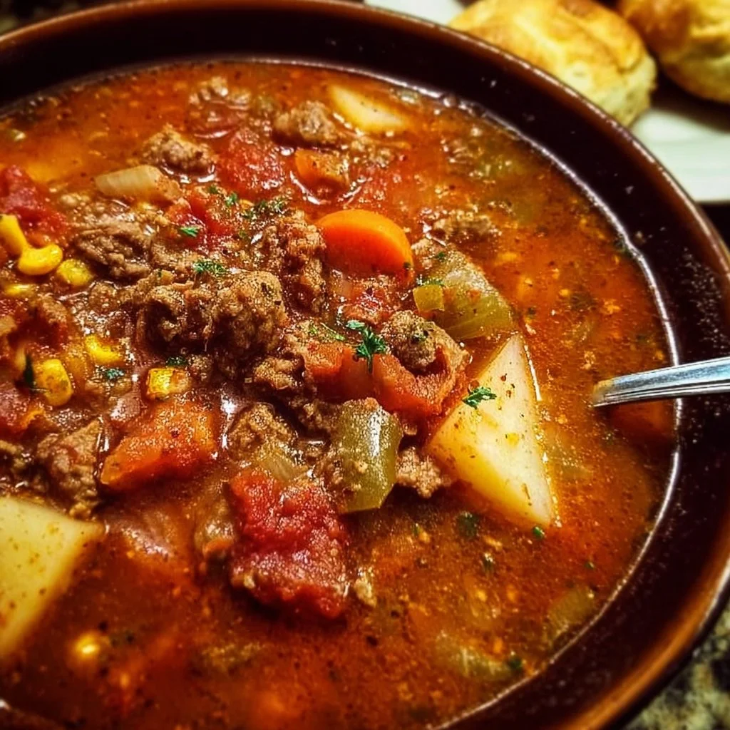 Hearty Cowboy Soup in a bowl garnished with herbs