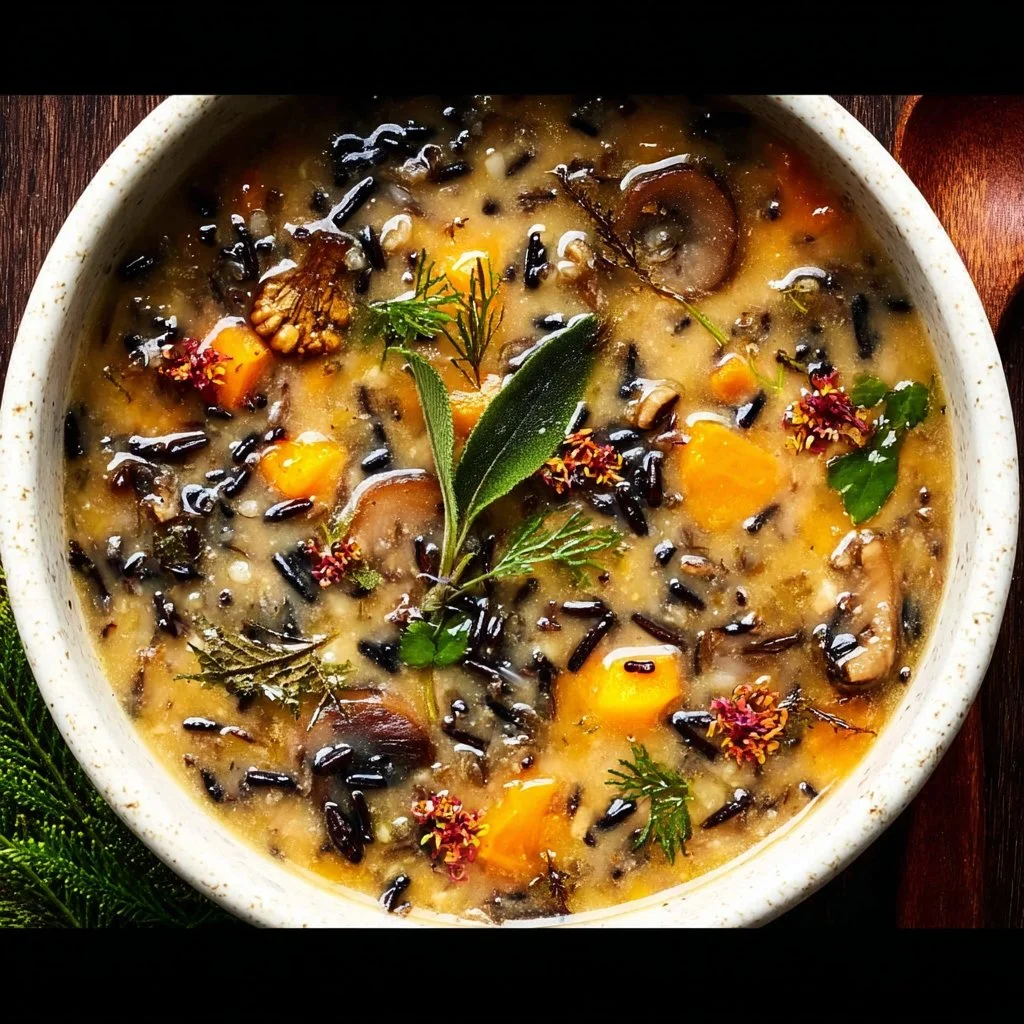 Bowl of cozy autumn wild rice soup with vegetables and herbs