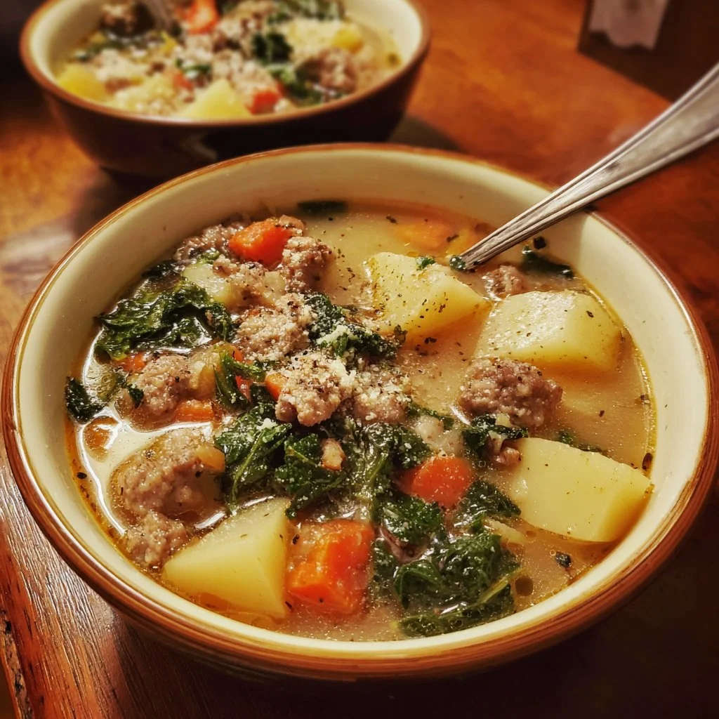 Bowl of cozy Italian sausage soup with potatoes and herbs