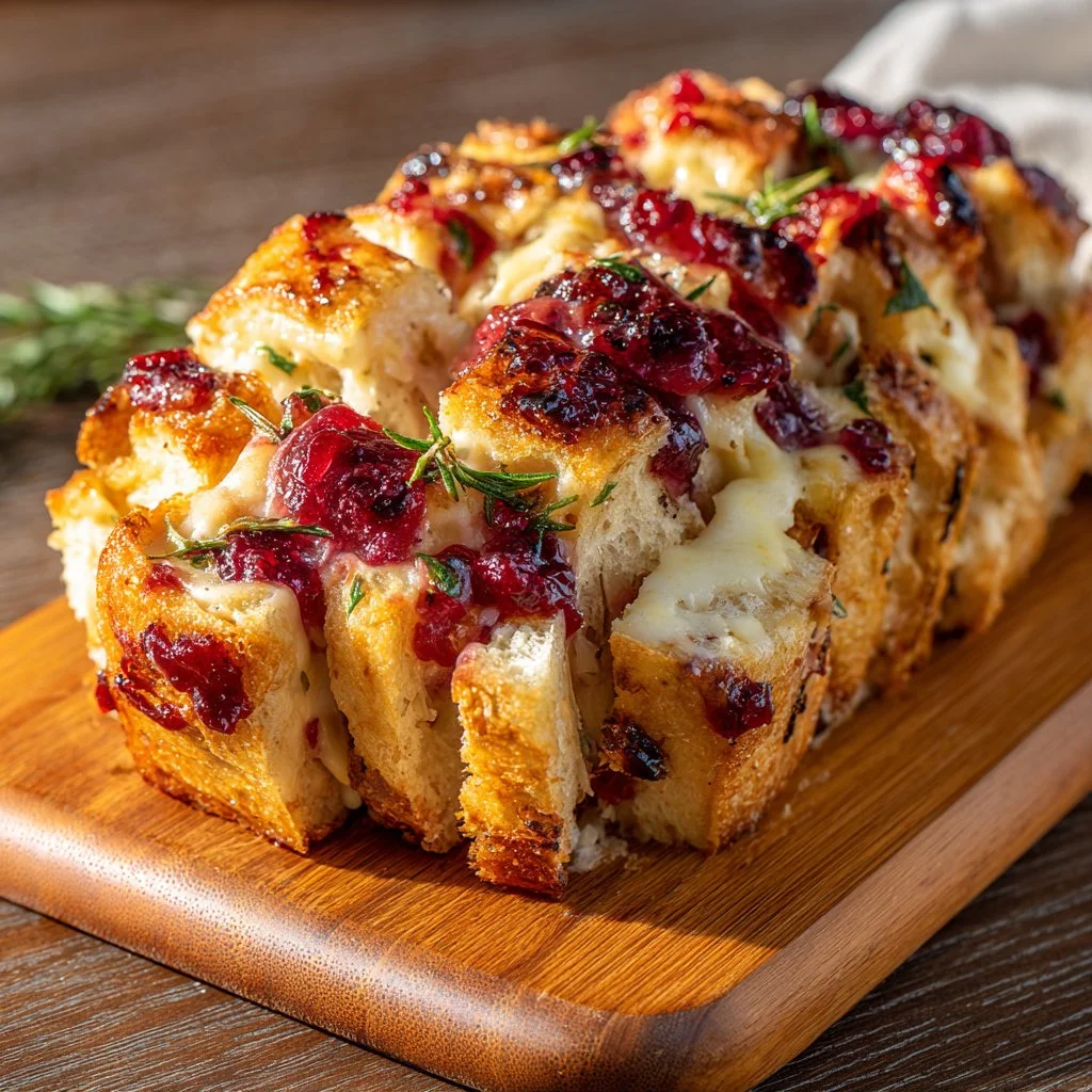 Cranberry Brie Pull Apart Bread with melted cheese and cranberries