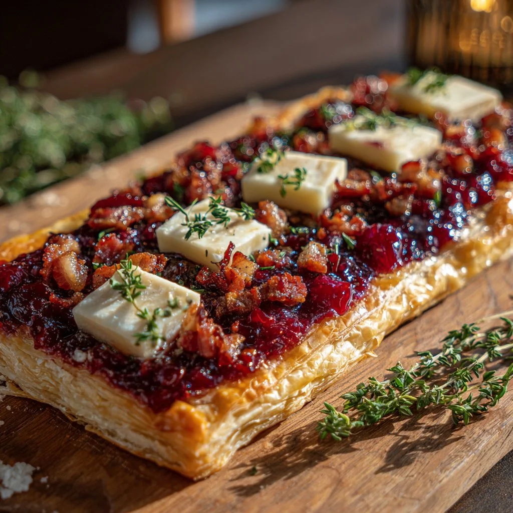 Cranberry Brie Tart with Pancetta and Thyme on a serving platter