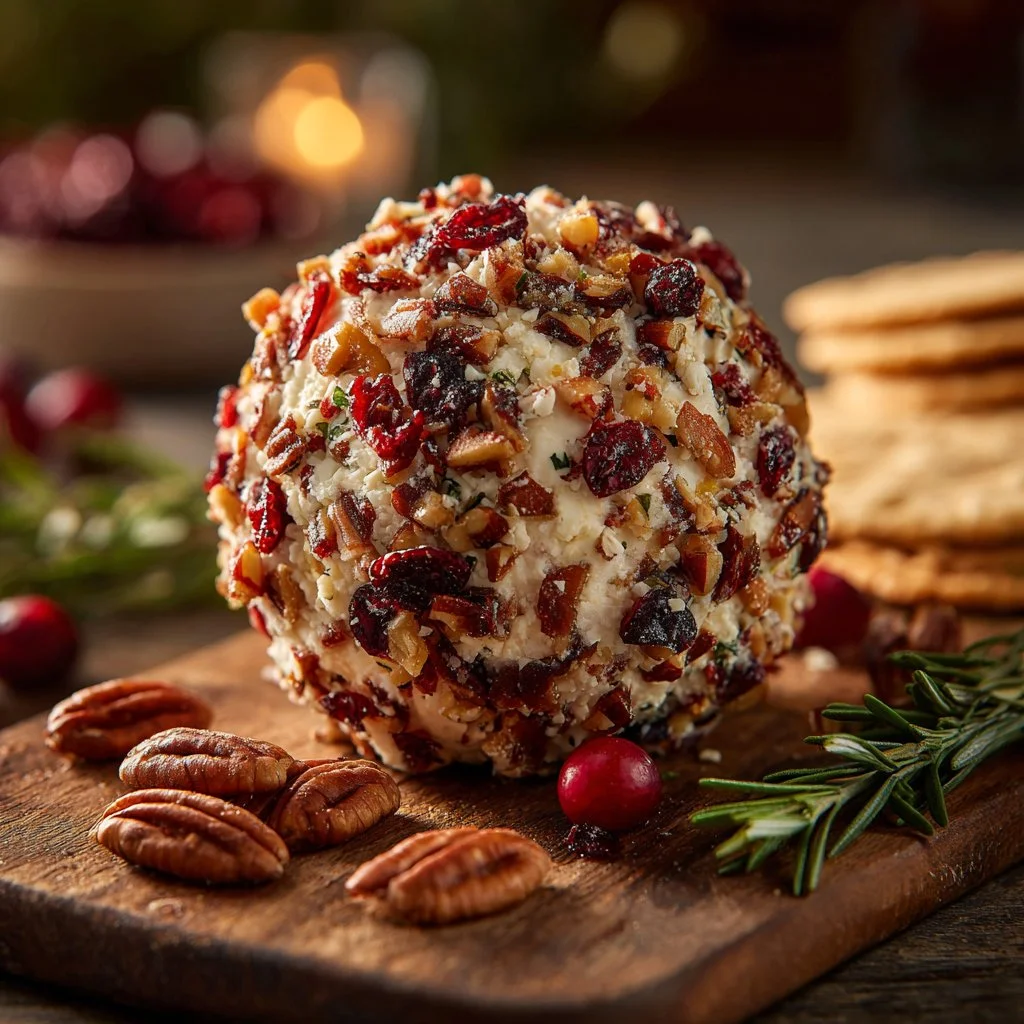 Cranberry pecan cheese ball served on a platter with crackers
