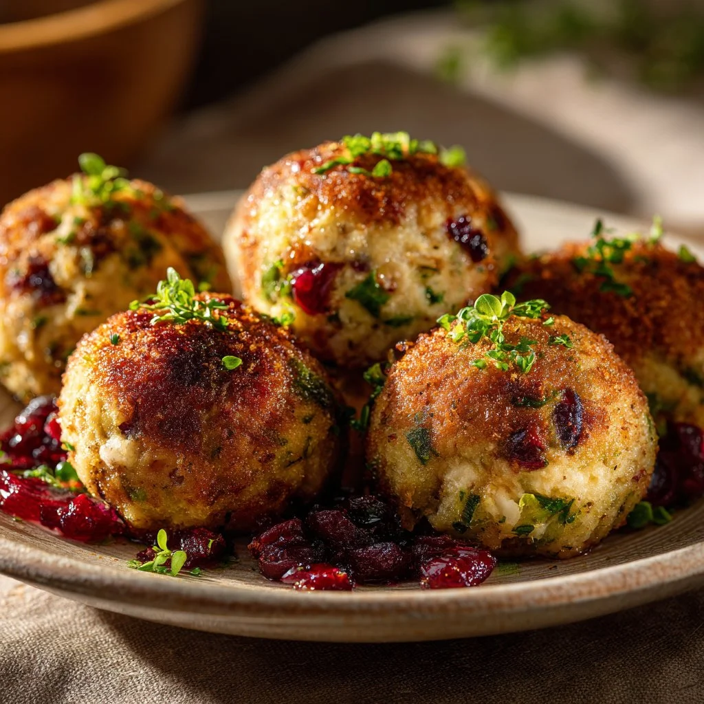Cranberry turkey stuffing balls served on a festive plate