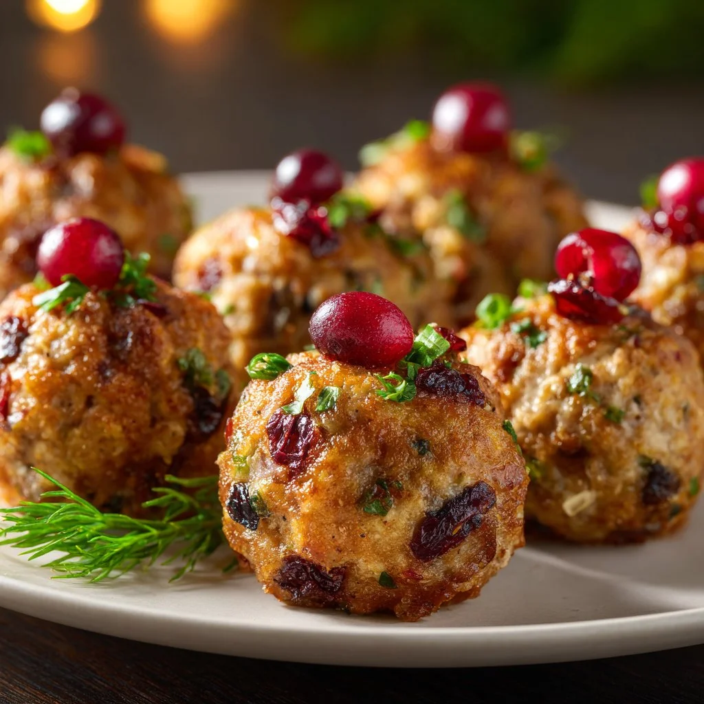 Cranberry and Turkey Stuffing Balls on a festive table setting