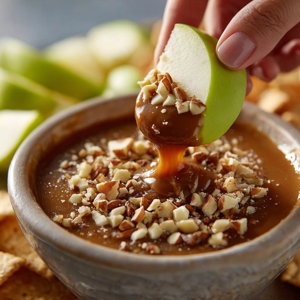 Cream cheese caramel apple dip served with fresh apple slices.