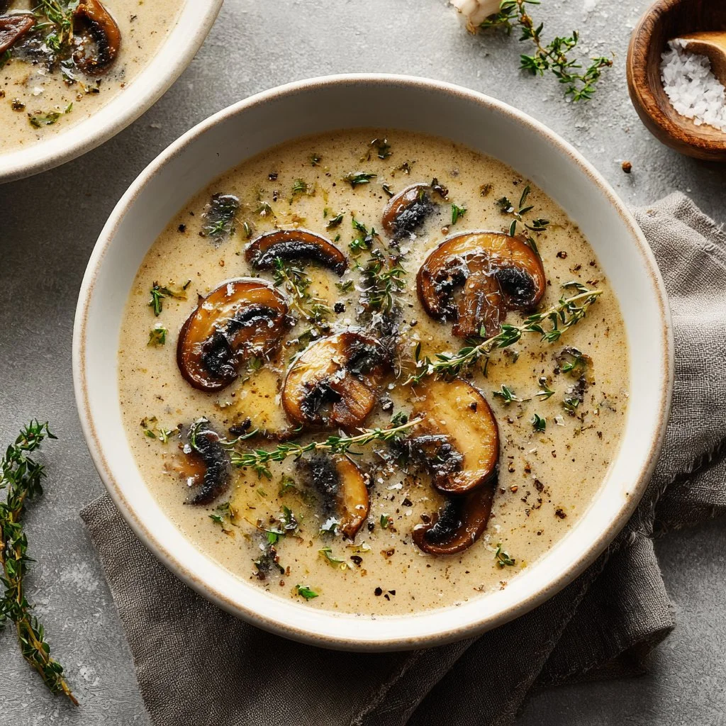 Creamy bowl of homemade cream of mushroom soup garnished with herbs