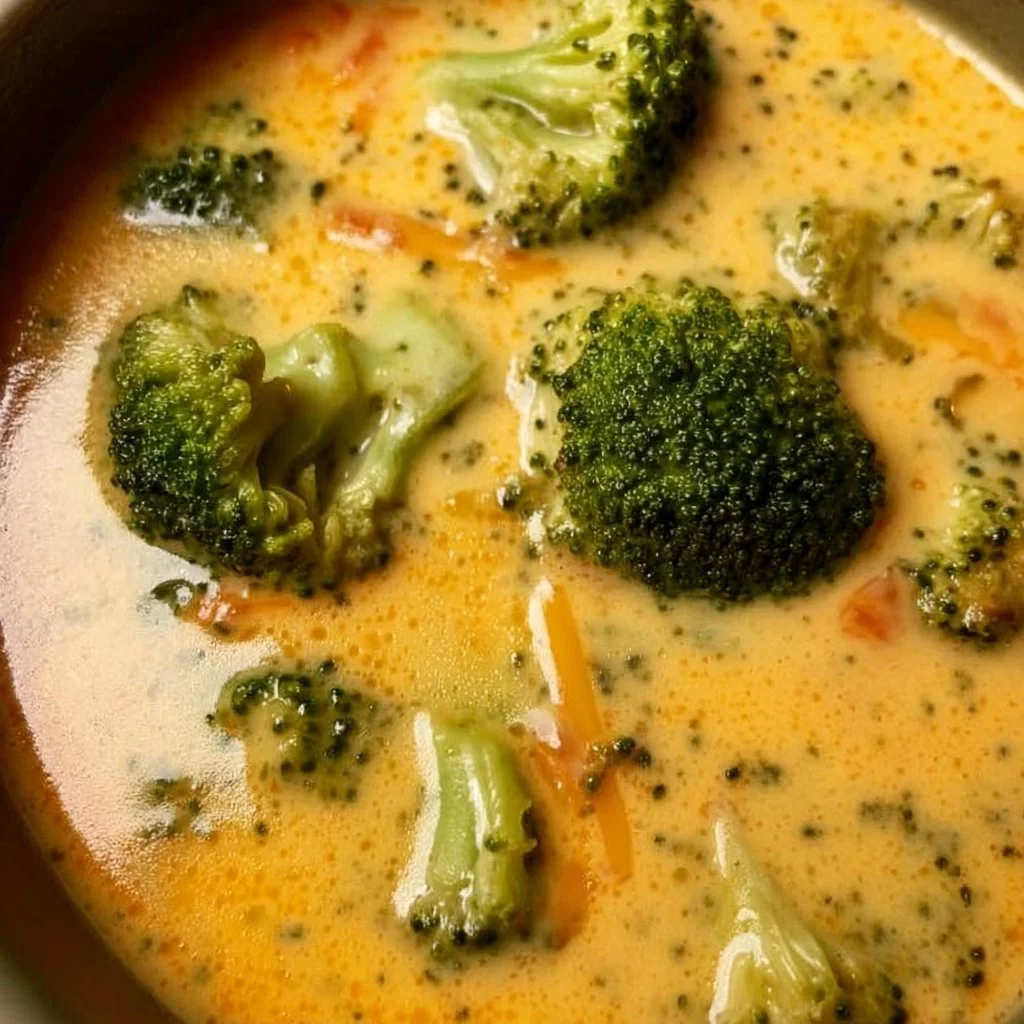 Serving of creamy broccoli cheddar soup in a bowl with toppings