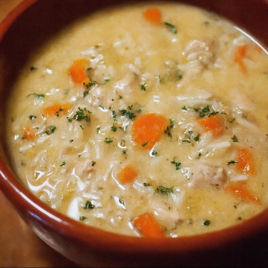 Creamy chicken and rice soup in a bowl garnished with herbs